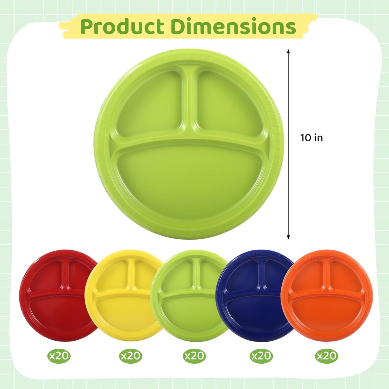 OMISTAR 100 Pcs 3-Compartment Divided Plates, 10" Disposable Plastic Plates with Dividers, Colorful Heavy Duty Divided Plate, Portioned Dinner Plates for Parties, BBQs, and Picnics