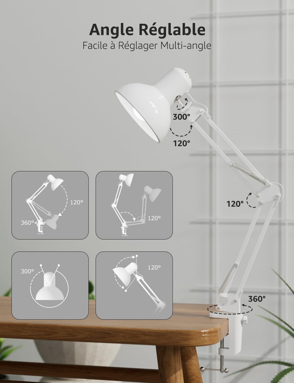 Lepro Lampe de Bureau Pince E27 Métal Interrupteur à Fil Blanc