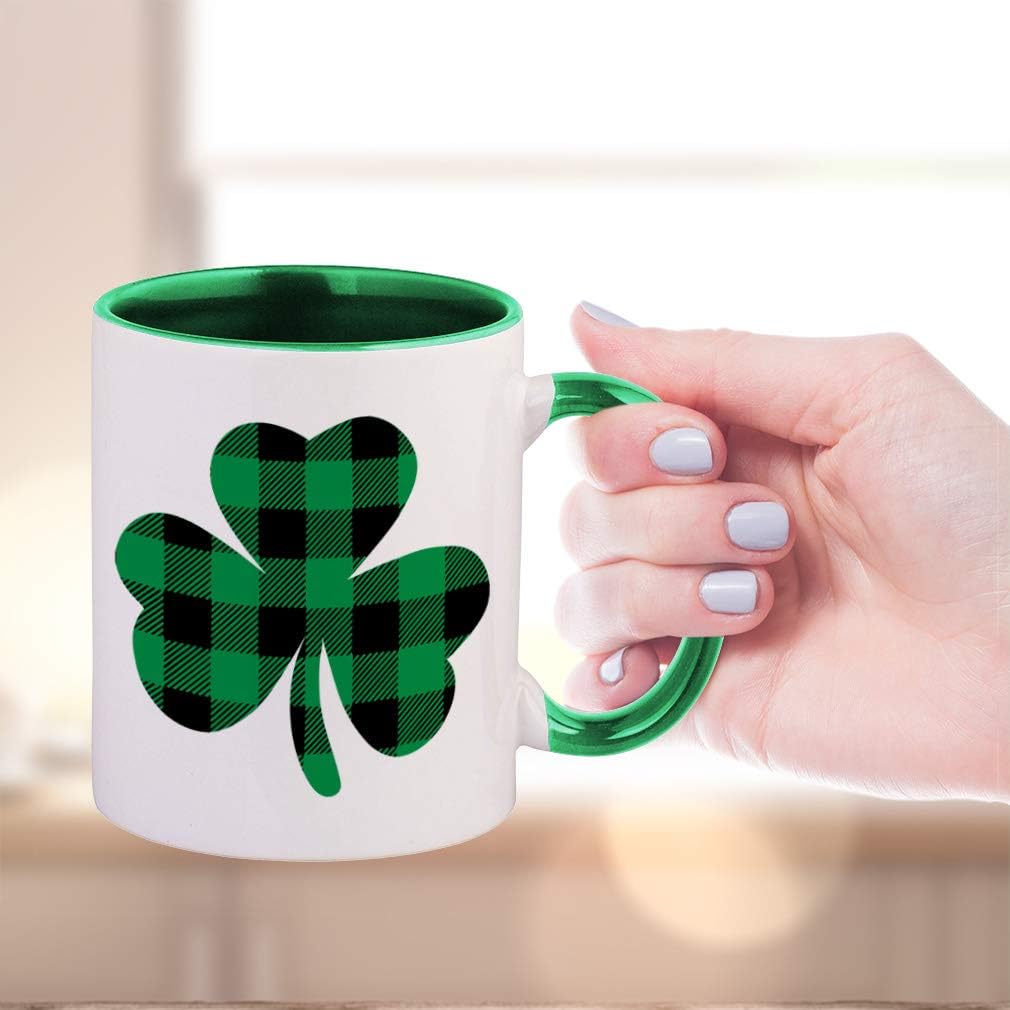 Colorful Coffee Mug Plaid Shamrock Clover Irish St Patrick's Ireland Lucky Holidays and Occasions St Patrick's Day Ceramic Tea Cup 11 Oz Green Inner Handle Design Only