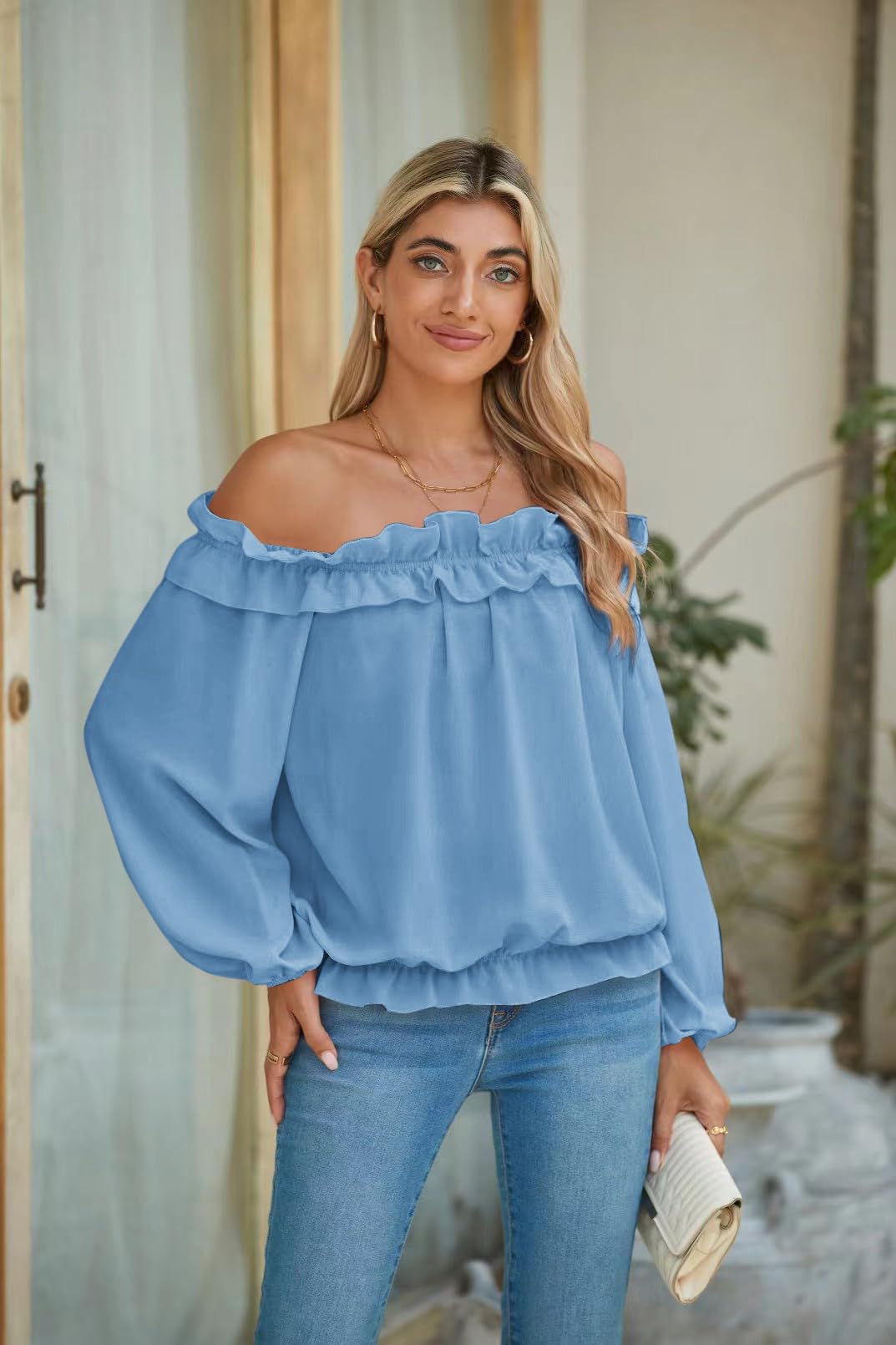 evnanic Womens Casual Off Shoulder Tops Long Sleeve Ruffle Flowy Chiffon Blouses Shirts