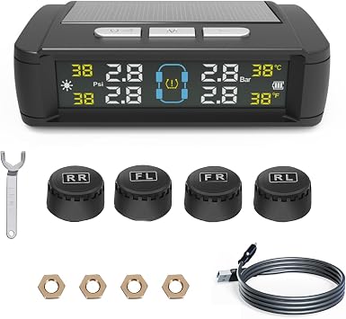Tyre Pressure Monitoring System TPMS with 4 External Sensors, Wireless Car Tire Pressure Monitoring Solar/USB Charging In-Cab Temp/Psi Alerts, 0-6 Bar/72 PSI Range Universal for Vans, Car, SUV Trailer
