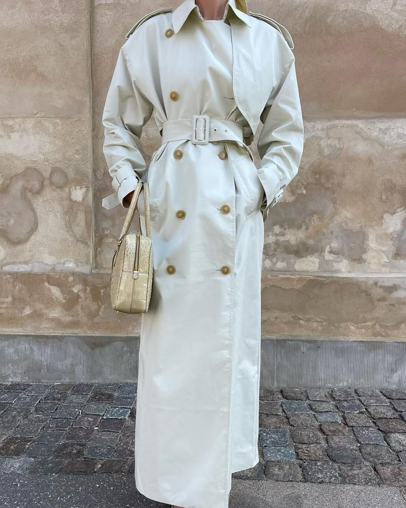 Women's Classic Lapel Windproof Oversized Long Trench Coat with Belt Retractable Cuffs