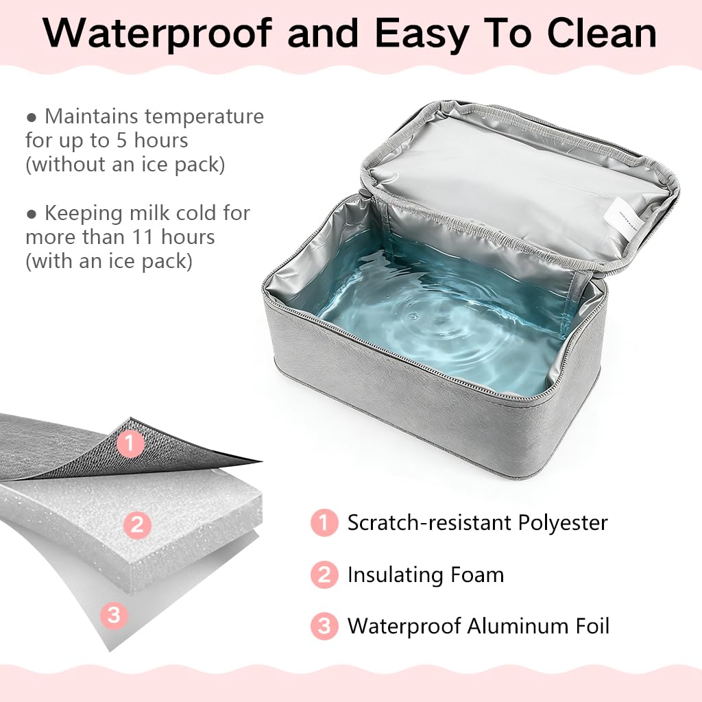 Zibuyu® Breastmilk Storage Bag with Ice Pack, Double Layer Breastmilk Warmer Insulated Bag with Strap, Fits 6 Ounces Bottles, Waterproof Breast Mommy Diaper Backpack Bento Box Backpack, Grey 1