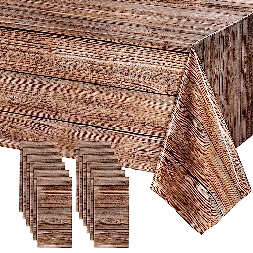 Image of Tatuo 12 Packs Natural Wood Grain Tablecloths Rustic Plastic Table Covers for Rectangle Table, Vintage Farmhouse Style Tablecloth Decorations for Western Barn Themed Birthday, 54 x 108 Inch (Brown)