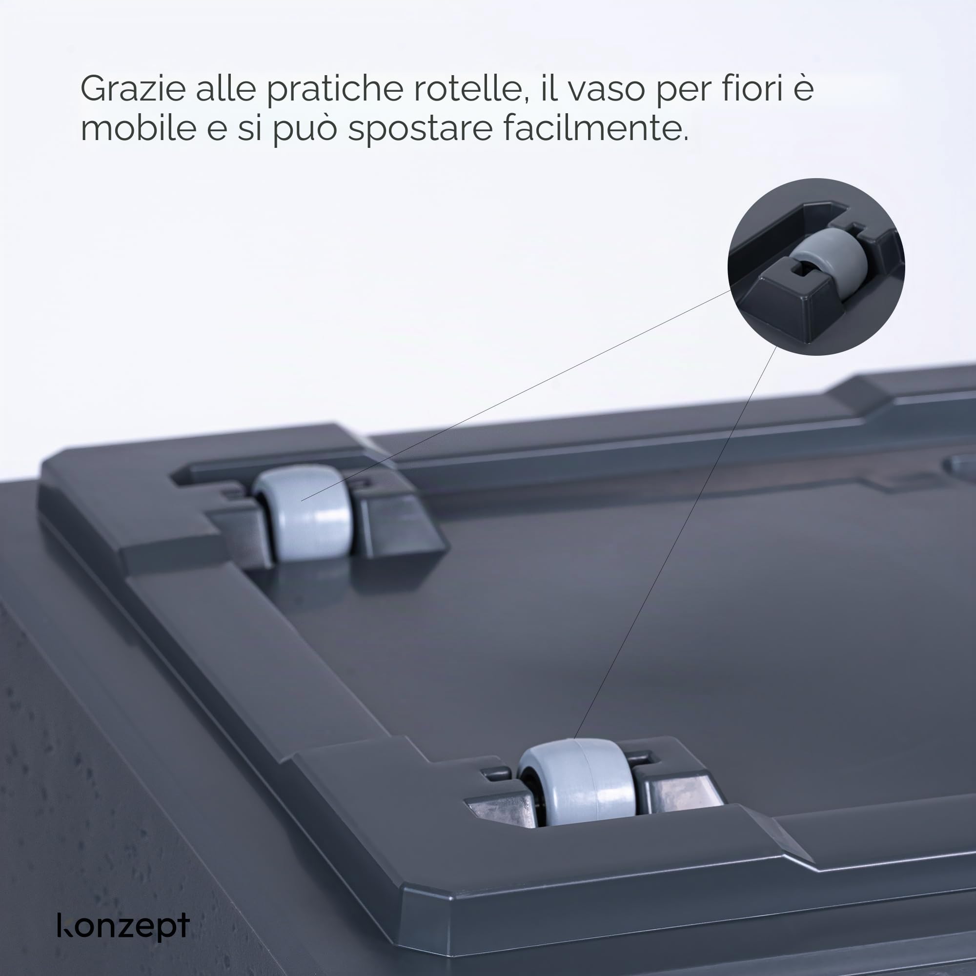 KONZEPT Vaso fioriera grande rettangolare da 40 x 80 x 40 cm con ruote, per interni ed esterni, quadrato, aspetto in cemento, in plastica, mobile, ideale per il giardino, la terrazza, il balcone e gli