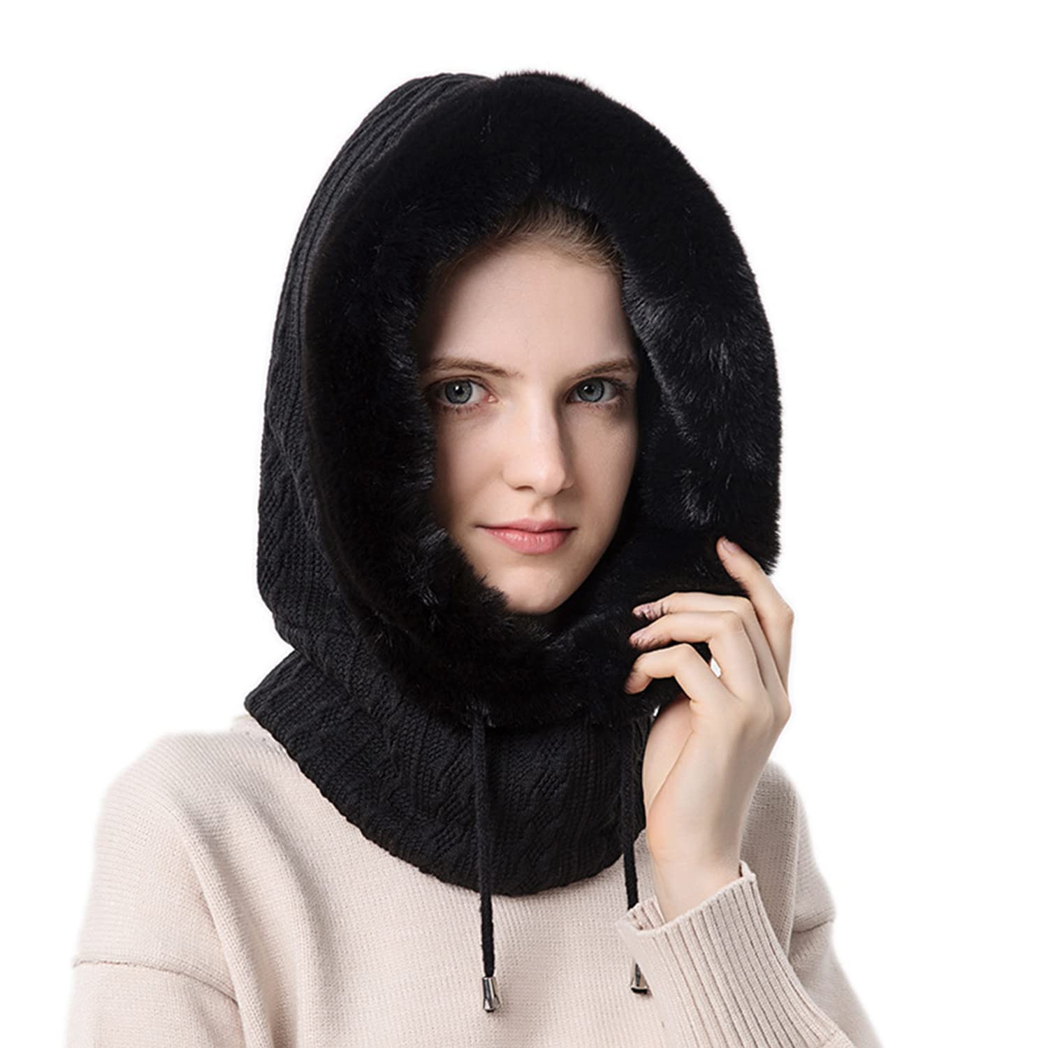 gustave Black Winter Cap for Women,One Piece Knitted Warm Winter Hat with Neck Warmer Hood Scarf & Mask,Fashion Snow,Wind Proof Soft Fleece Lined Scarf Hat for Outdoor,Riding and Skiing-picture-3
