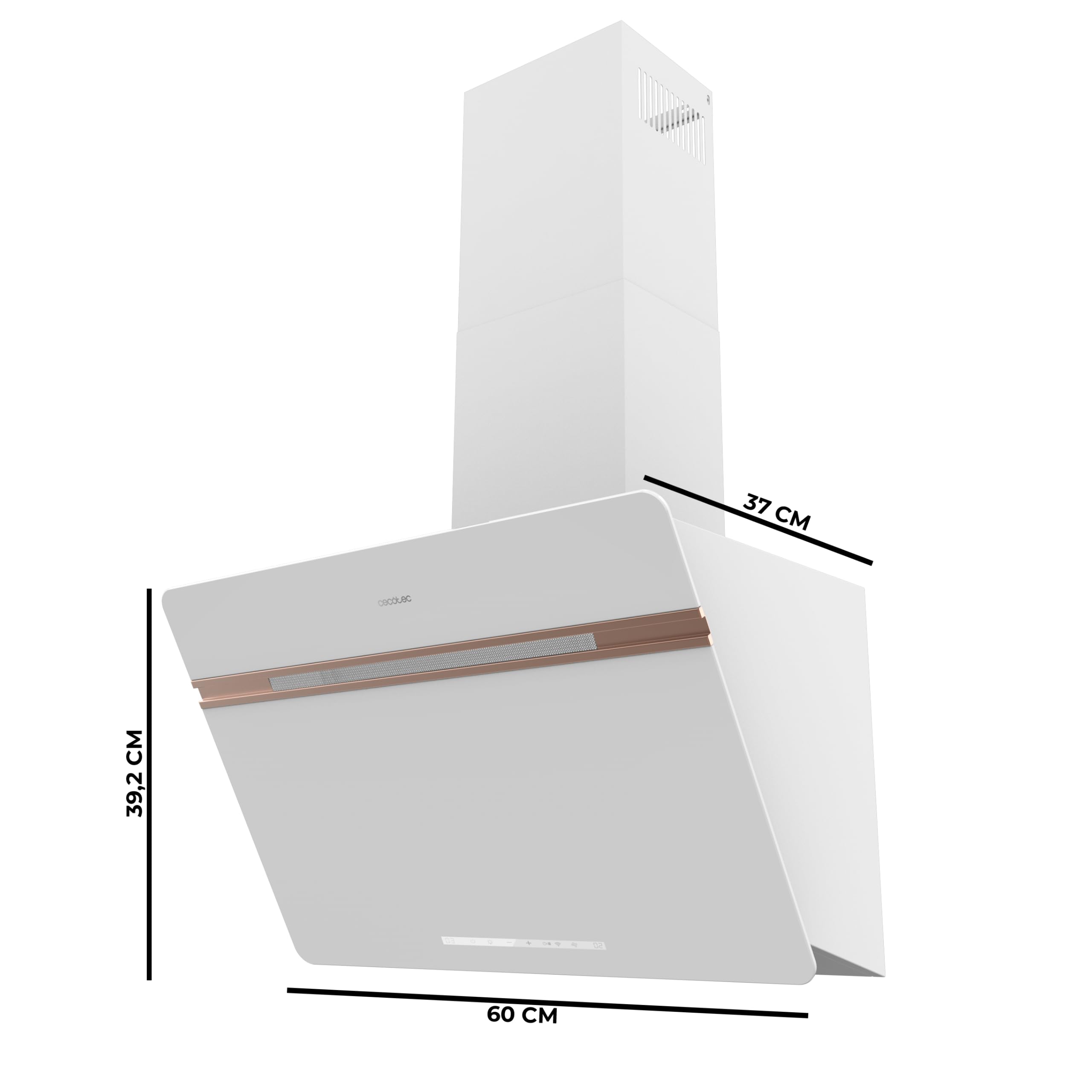 Cecotec Okap dekoracyjny 60 cm Bolero Flux DT 607500 Matt White A+++. Matowe i błyszczące szkło z miedzianymi detalami, ssanie 717,2 m³/h, funkcja wzmacniacza, filtry aluminiowe, klasa A+++
