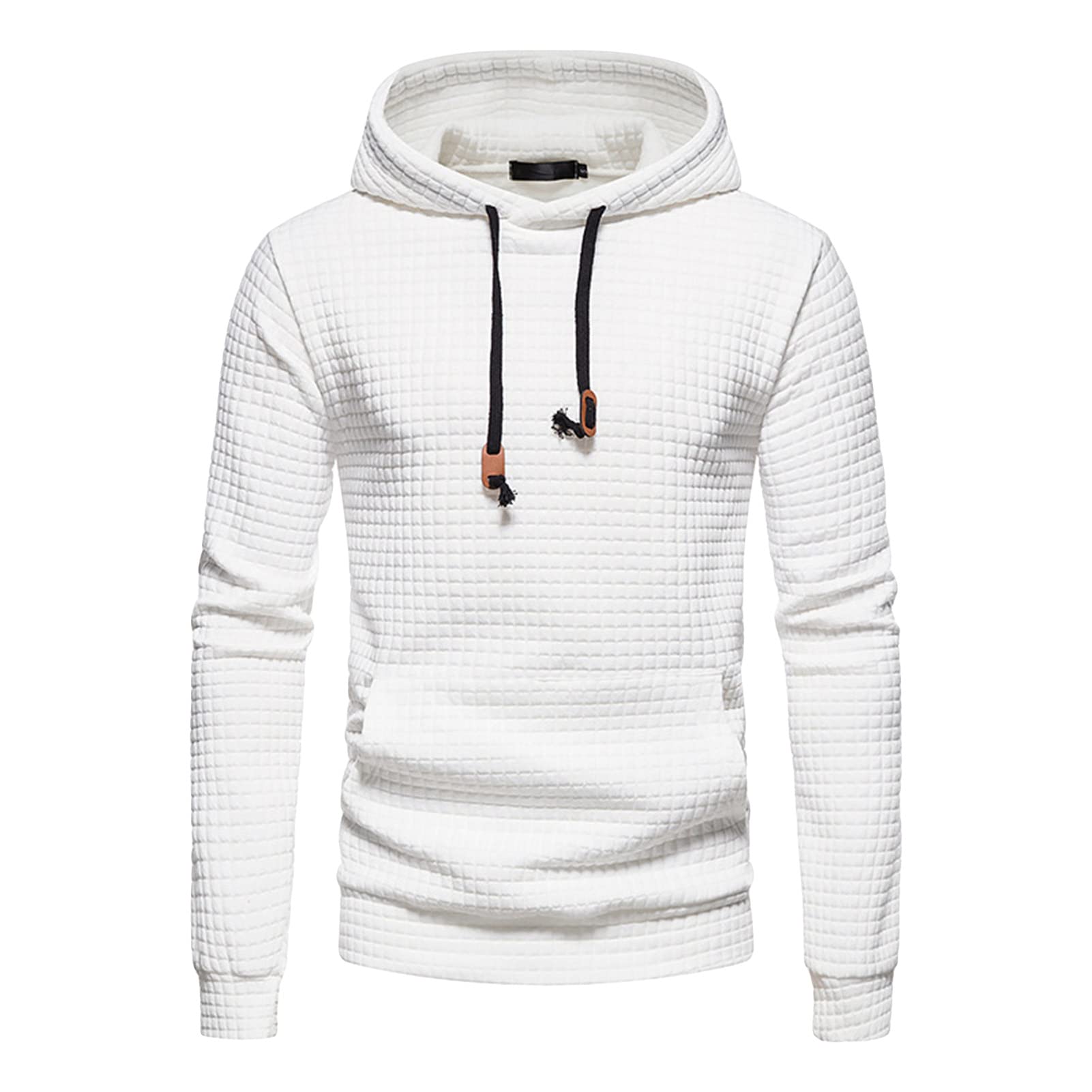 Maiyifu-GJ Men Plaid Jacquard Pullover Hoodies Hipster Lightweight Hooded Sweatshirts Long Sleeve Drawstring Hoodie Outwear (White,Large)