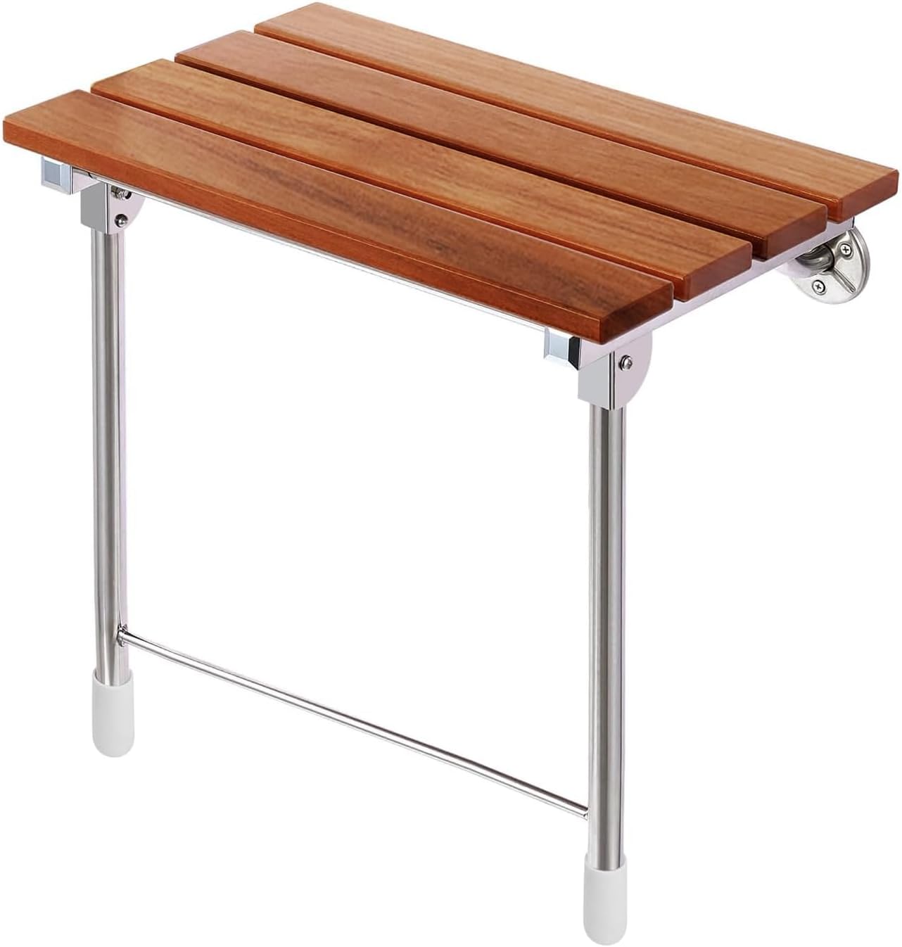 Foldable 21.5" Teak Wood Shower Seat Bench with Supporting Legs, 400lb Capacity, Clear Coated for Extra Protection, Folding Wall Mount Modern Chrome, Sturdy Medical Fold Up Bathroom Stool Chair