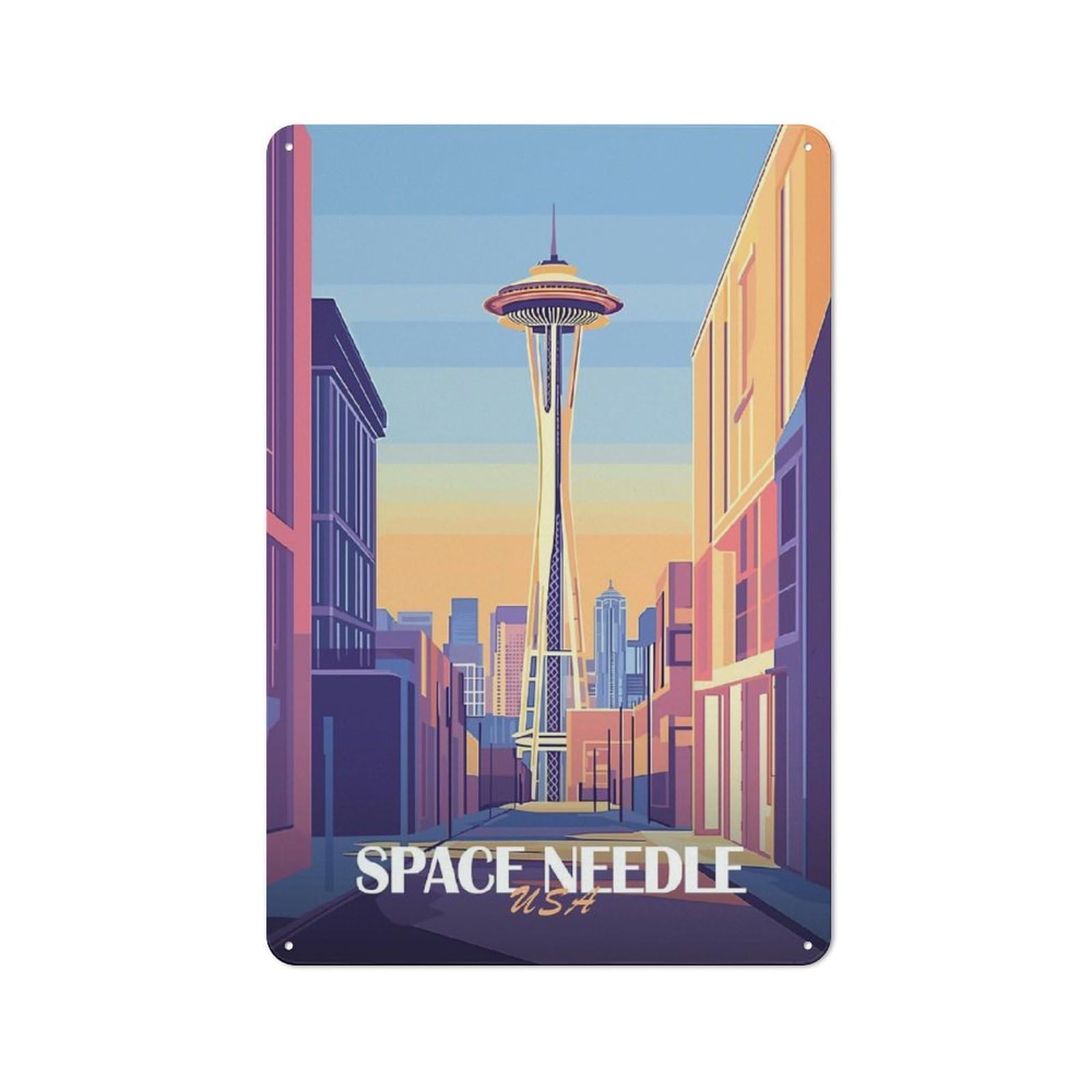 Junmoney Style-13 Cottage Style Space Needle Cityscape Decorative Tin Sign 30X20cm, Rustic Kitchen Decor For Kitchen, Cottage, Porch Or Garden Room