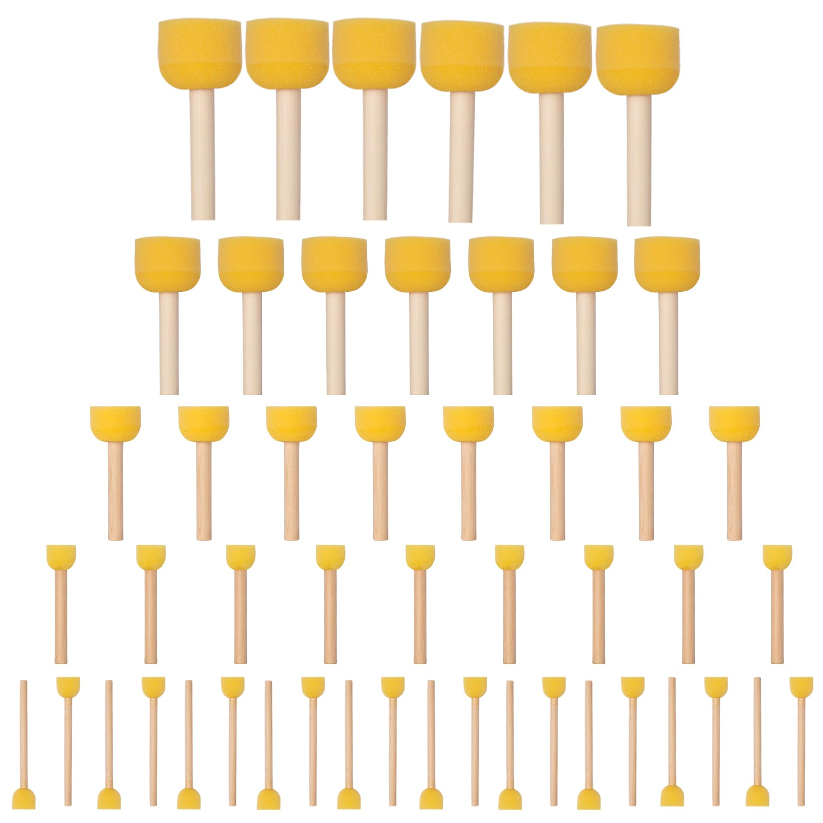 50 Pcs Round Foam Brushes - Washable Sponges with Wooden Handles (5 Sizes)