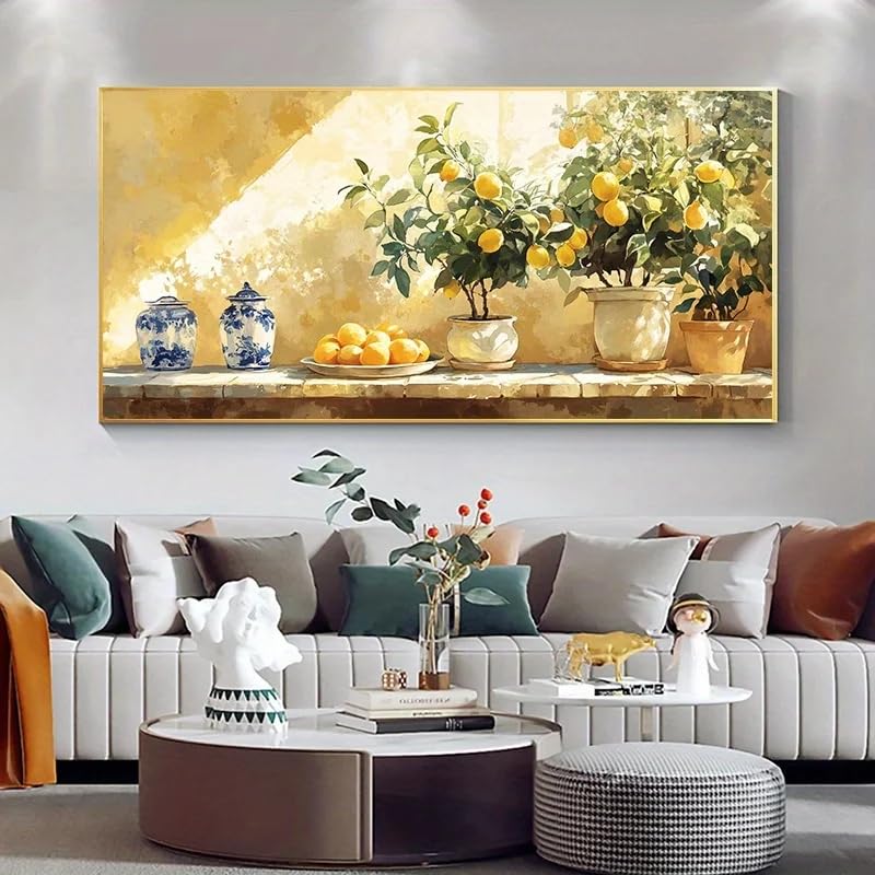 Tableau moderne vase citron jaune et bleu : impression sur toile champêtre haut de gamme GOSRD