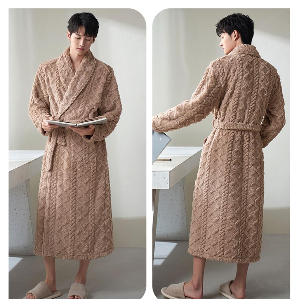 LEIYTFE Albornoz De Noche para Hombre,Albornoz De Baño Bata Invierno Cálido Pijama Casa Abrigo con Bolsillo Y Cinturón Albornoz Largo De Hotel SPA(Bruin,XXL)