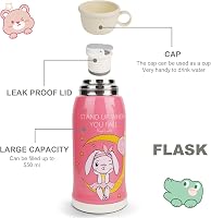 COZHYESS Gyermek Kulacs 550ml - Szívószálas, Szivárgásmentes Rozsdamentes Acél Ivópalack Nyuszis Rózsaszín Dizájnnal - Iskolába, Óvodába, Ki 4