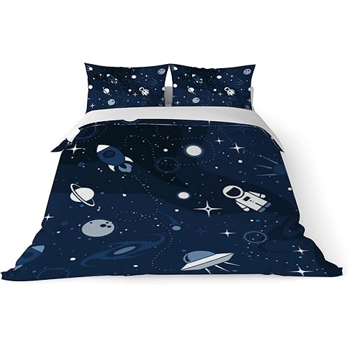 Duvet Cover Sets King -Cartoon Astronaut Starship-Bedding Comforter Set Breathable SetsSoft Microfiber 3 Pcs