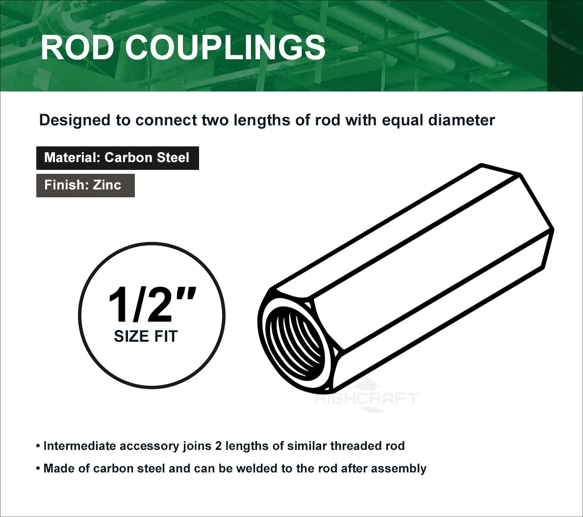 Highcraft DSP-A34 Rod Coupling Nuts 1/2-Inch Diameter by 1-1/2-Inch Length, Zinc Plated, 50 Pack