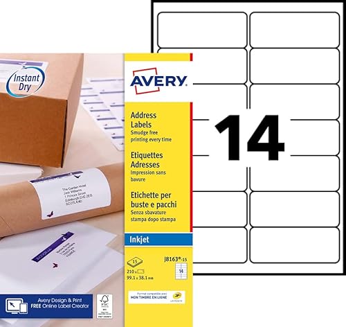 Avery Étiquettes Autocollantes Blanches 210 Pièces 99,1 x 38,1 mm J8163-15 - Feuille A4, Imprimante Jet d'Encre, Format Compact, Papier FSC, Compatible Mon Timbre en Ligne