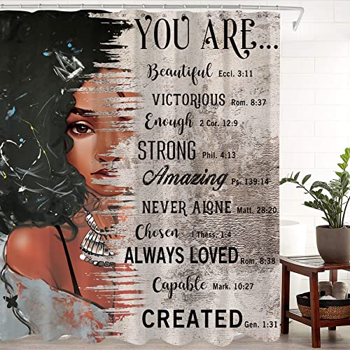 Yookeb African American Black Girl Quotes Bathroom Shower Curtain Afro Postive Inspirational Motivational Bible 60W By 71H Inch Polyester Fabric 12 Plastic Hooks Waterproof Decor #TOP5