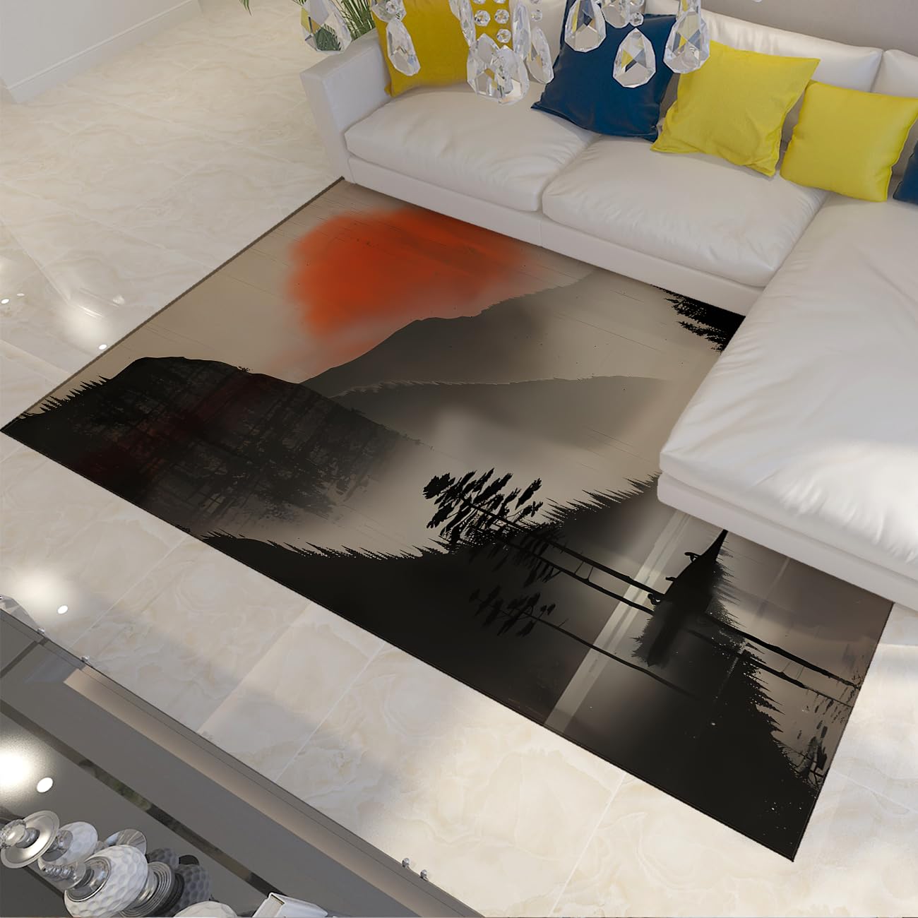 150 x 240 cm Minimalistyczny Dywan Jezioro Górskie Słońce Pomarańczowe