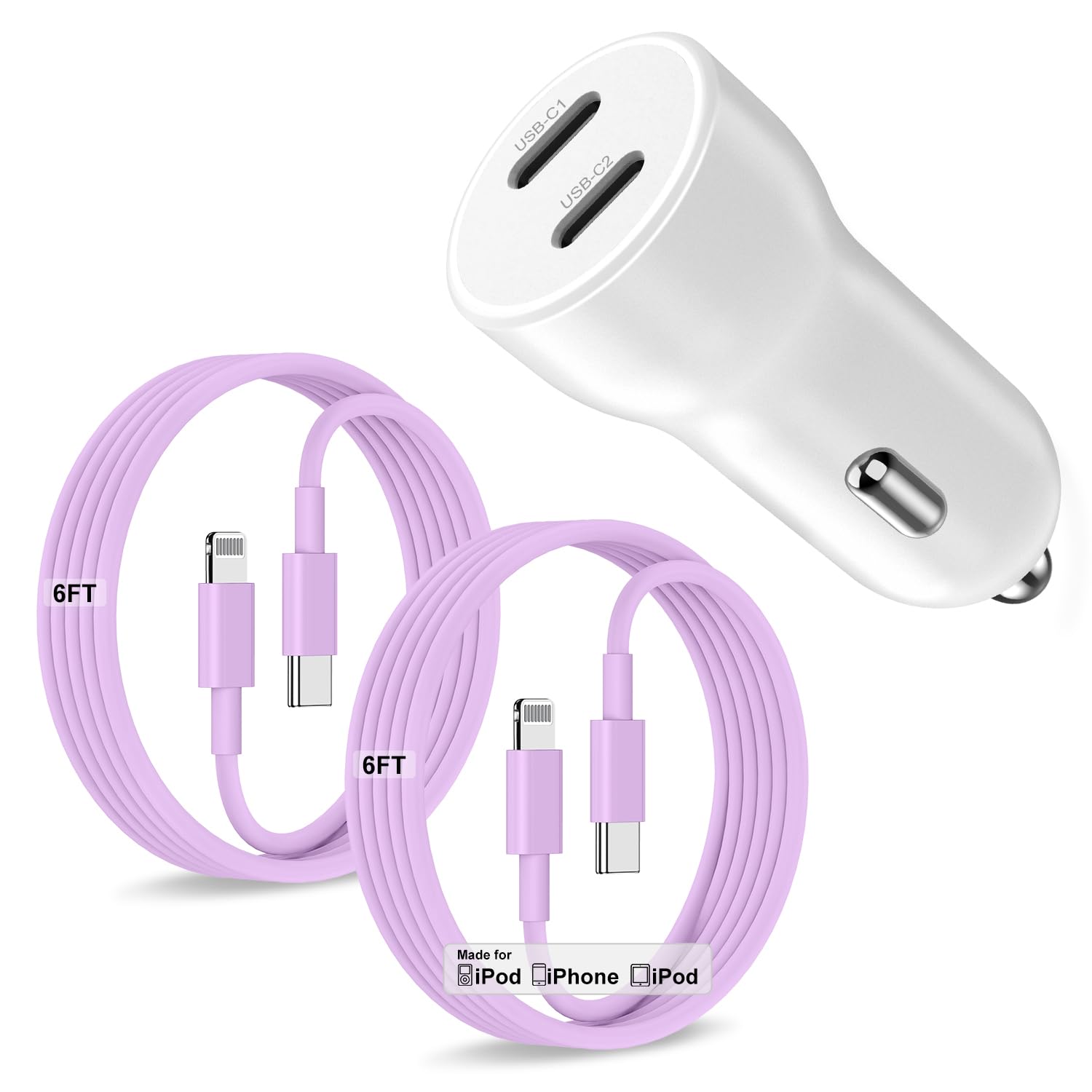 iPhone 14 13 Car Charger, Certified 45W Dual Port USB C Rapid Apple Car Adapter with 6ft Type C to Lightning Cable Fast Charging for iPhone 14 Pro/14