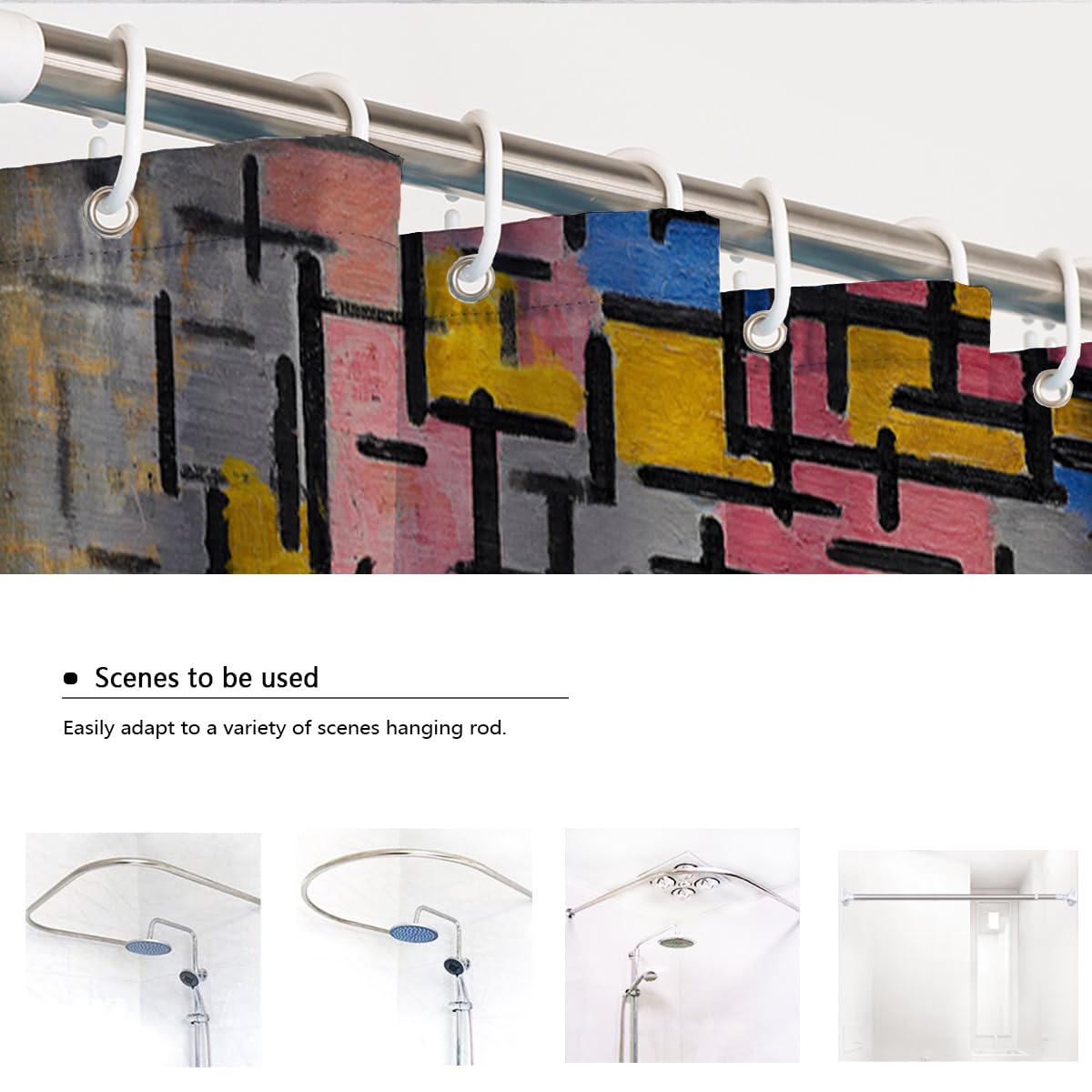 Rideaux de Douche en Grille géométrique en mosaïque Pop Art Abstrait Rideaux de Salle de Bain en Tissu imperméable en Tissu coloré Rose Bleu, Jaune et Crochets 200 x 220 cm