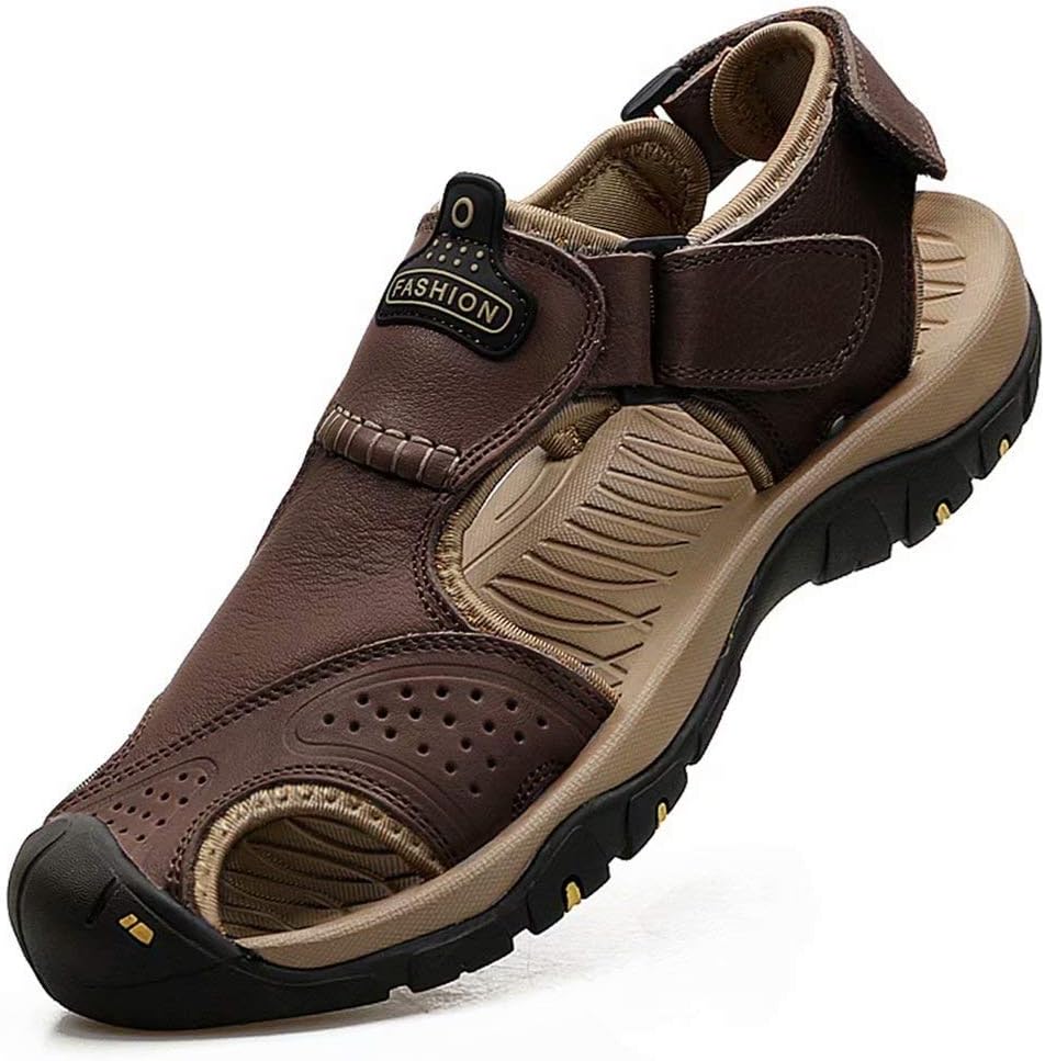 Mens Leather Sandals Outdoor Hiking Sandals Waterproof Athletic Sports Sandals Fisherman Beach Shoes Closed Toe Water Sandals