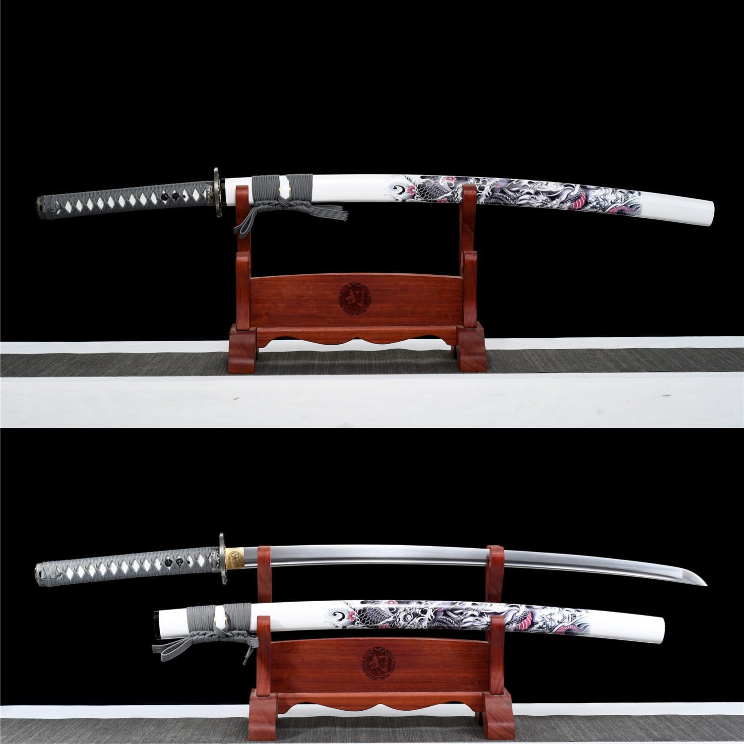 HERO SWORD Handmade Plum Blossom Dragon Katana 9260 Spring Steel Full Tang Blade Samurai Sword Authentic Japanese Weapons Very Sharp,Grey,Cool Sword for Mens,Combat Ready