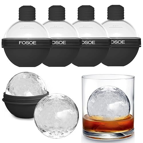 Silicone Ice Ball Molds for Whiskey - Set of 4 Round Makers with Lids for Cocktails, Bourbon, and Drinks - Black