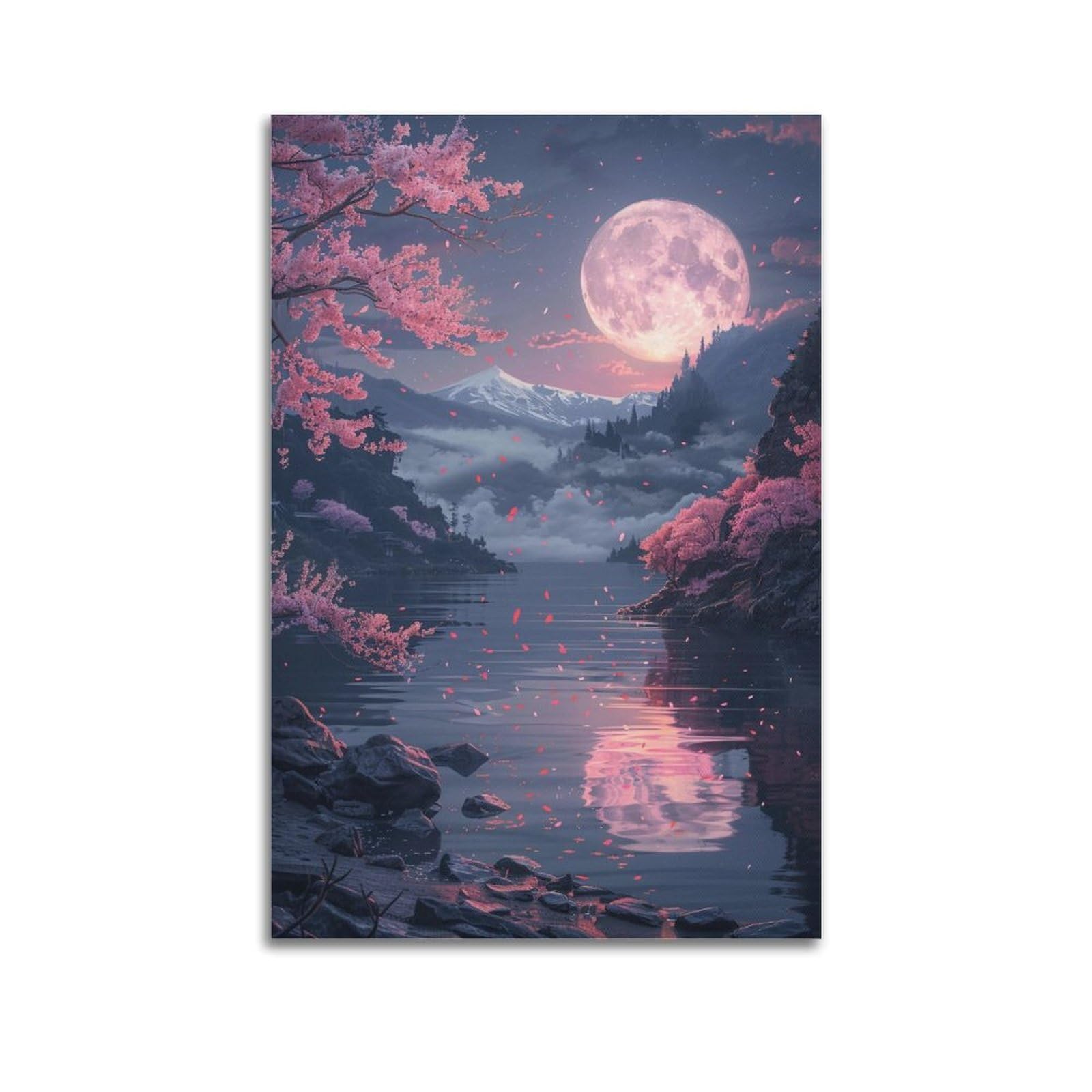 HUERYRYHY Moonlit Sakura Lake Poster Aesthetic Wall Art Painting Decor Vintage Canvas for Living Room Bed Room 24x36inch(60x90cm) Unframe-style