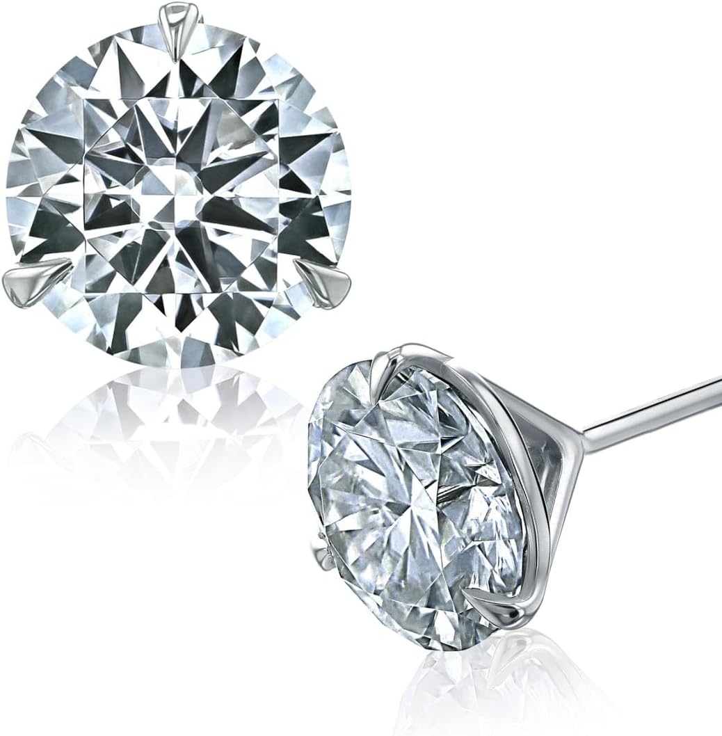0.50 to 5.50 Carat Moissanite Stud Earrings in Solid 14K Gold for Women Round 3-Prong Push Back (G-H, VS Bridal Quality)