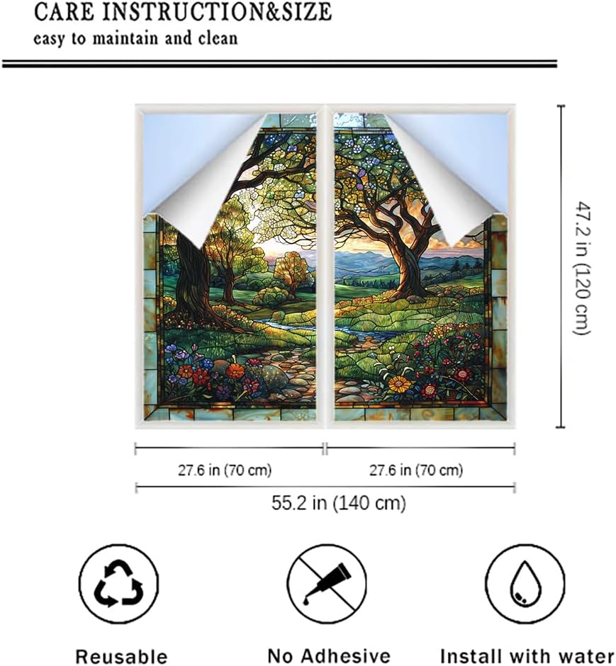 Colorful Forest Privacy Window Film, Abstract Rustic Fantasy Trees Decorative Frosted Self Adhesive Stained Glass Window Film for Bathroom & Room 27.6Wx47.2L-inch x2 Pcs