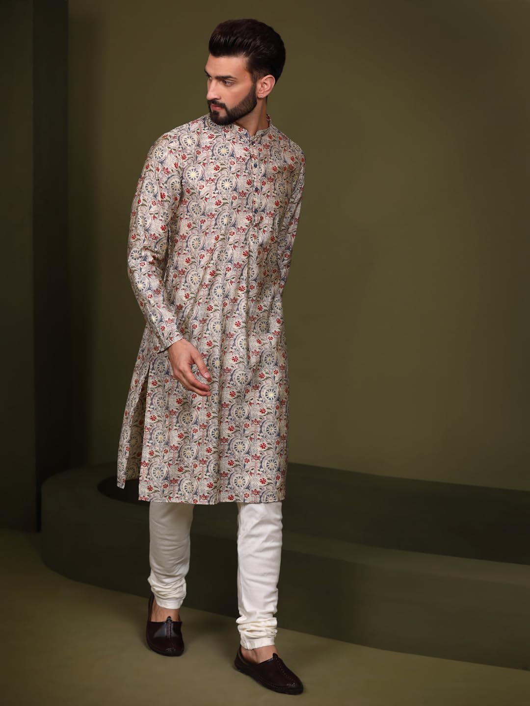Kisah Men Multicolor Kurta, Cotton, Full Sleaves, Knee Length, Straight, Regular Fit, Mandarin Collar Ethnic Wear
