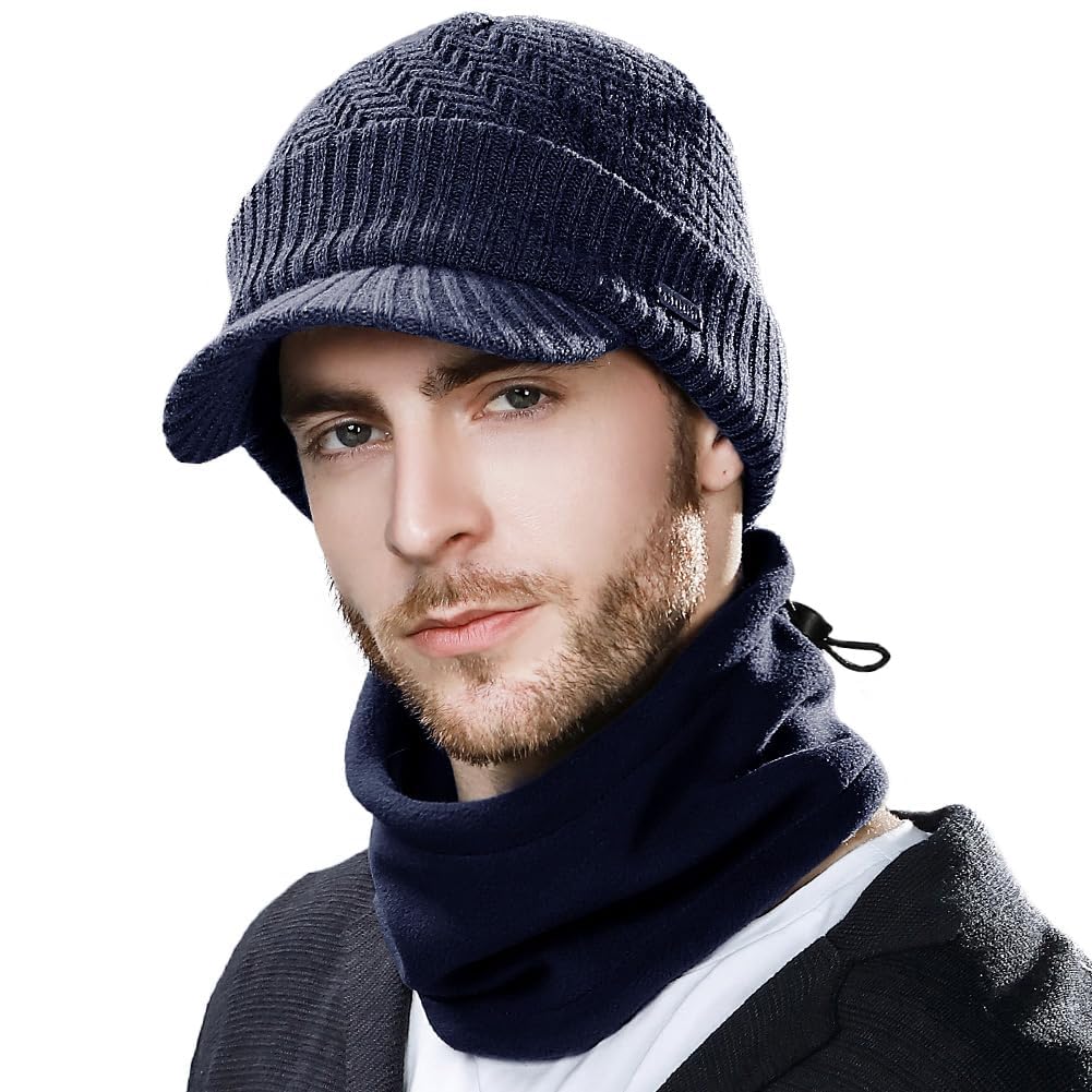 Comhats M/L/XL - Conjunto de invierno para hombre de lana merino con visera y bufanda de esquí, gorro de lana con visera y calentador de cuello de forro polar