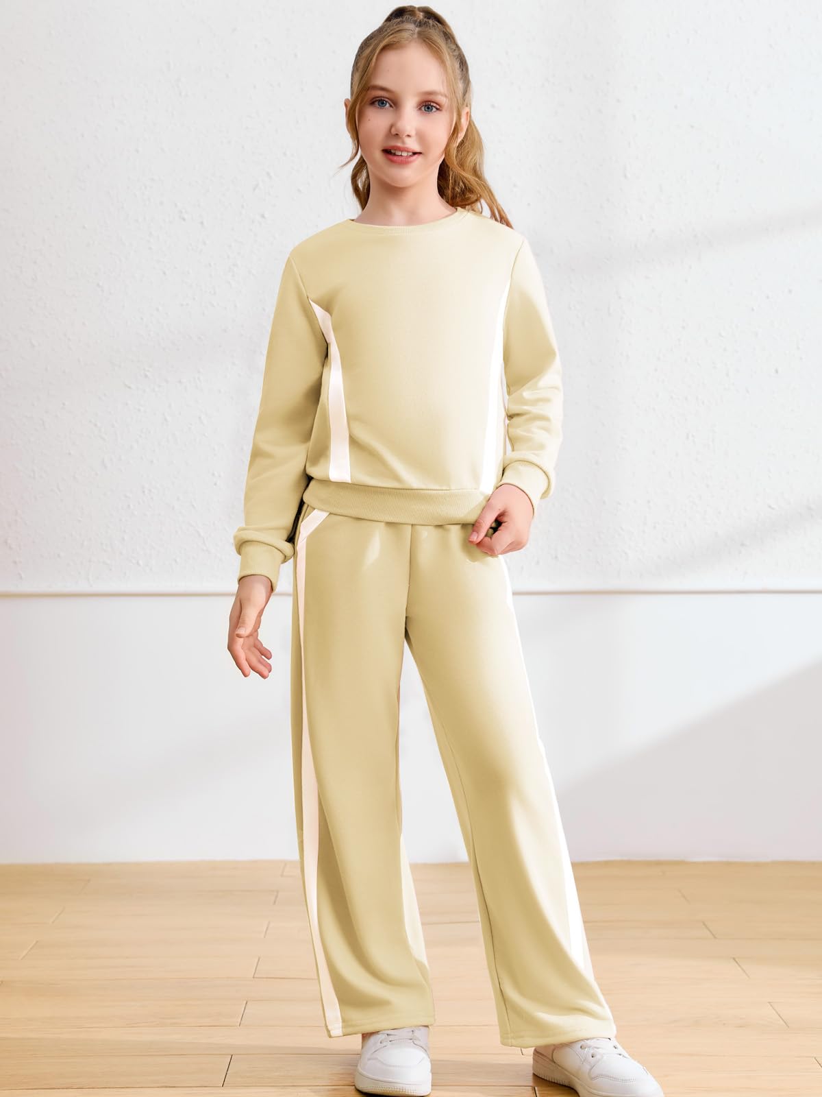 Haloumoning Completo autunnale per ragazze, 2 pezzi, felpa a blocchi di colore e pantaloni della tuta elastici a gamba larga, 5-14 anni