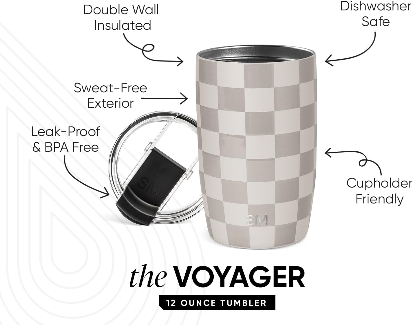 Simple Modern Travel Coffee Mug Tumbler with Flip Lid | Reusable Insulated Stainless Steel Cold Brew Iced Coffee Cup Thermos | Gifts for Women Men Him Her | Voyager Collection | 12oz | Checkmate - Image 2