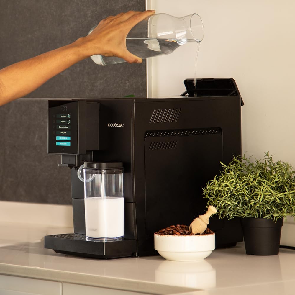 Cecotec Superautomatische Kaffeemaschine Cremmaet Compactccino Black, 19 Bar, Thermoblock-System, frisch gemahlene Bohnen mit Plug&Play, 150 g Kaffeebohnentank Mühle, 1,1 L Wassertank, 400 ml Milch