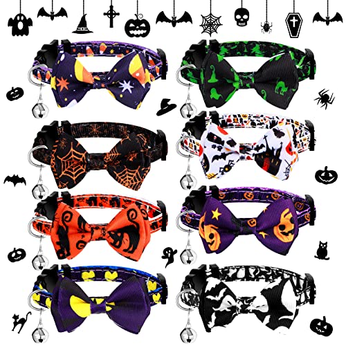 Tondiamo 8 Pcs Halloween Cat Collar Breakaway with Bell Adjustable Kitten Collar Bow Tie Cat Collar Skull Pumpkin Spider Witch Pet Collars for Puppy Cats Dog Holiday Costume