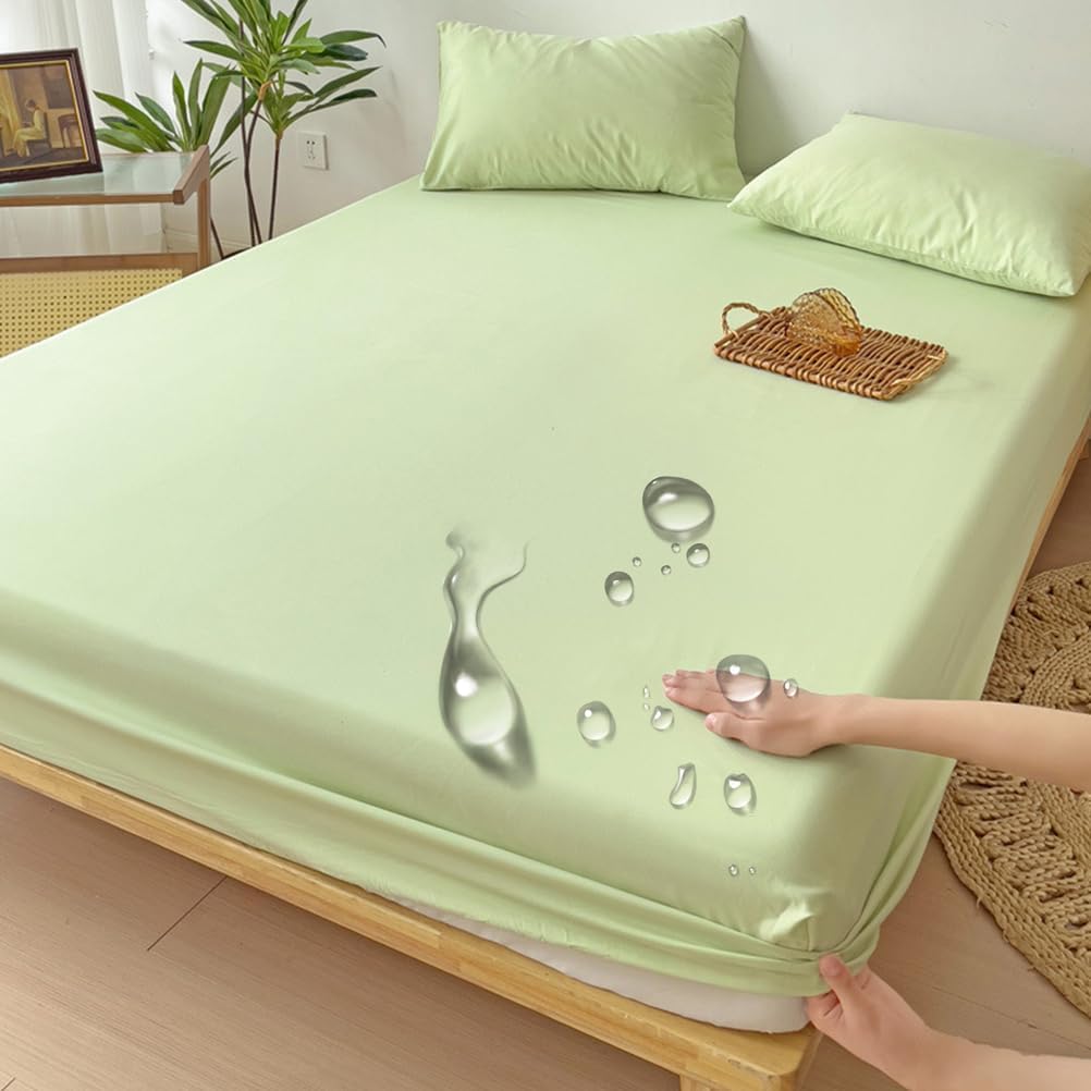 Greenb,150 * 200cmQUEEN,LDLCYCN Waterproof Mattress Protector Queen King Full Size Fitted Sheet with 360° Elastic Band Full Wrap Washed Cotton Fabric Mattress Cover Bed Cover Dustproof Washable