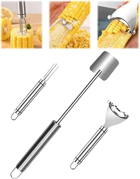 3PCS Corn Peeler Set Stainless Steel Corn Stripper Tool with Cutter, Planer & Holder Quickly Remove Kernels from Corn on the Cob Dishwasher Safe, Easy Grip Handle, for Home & BBQ