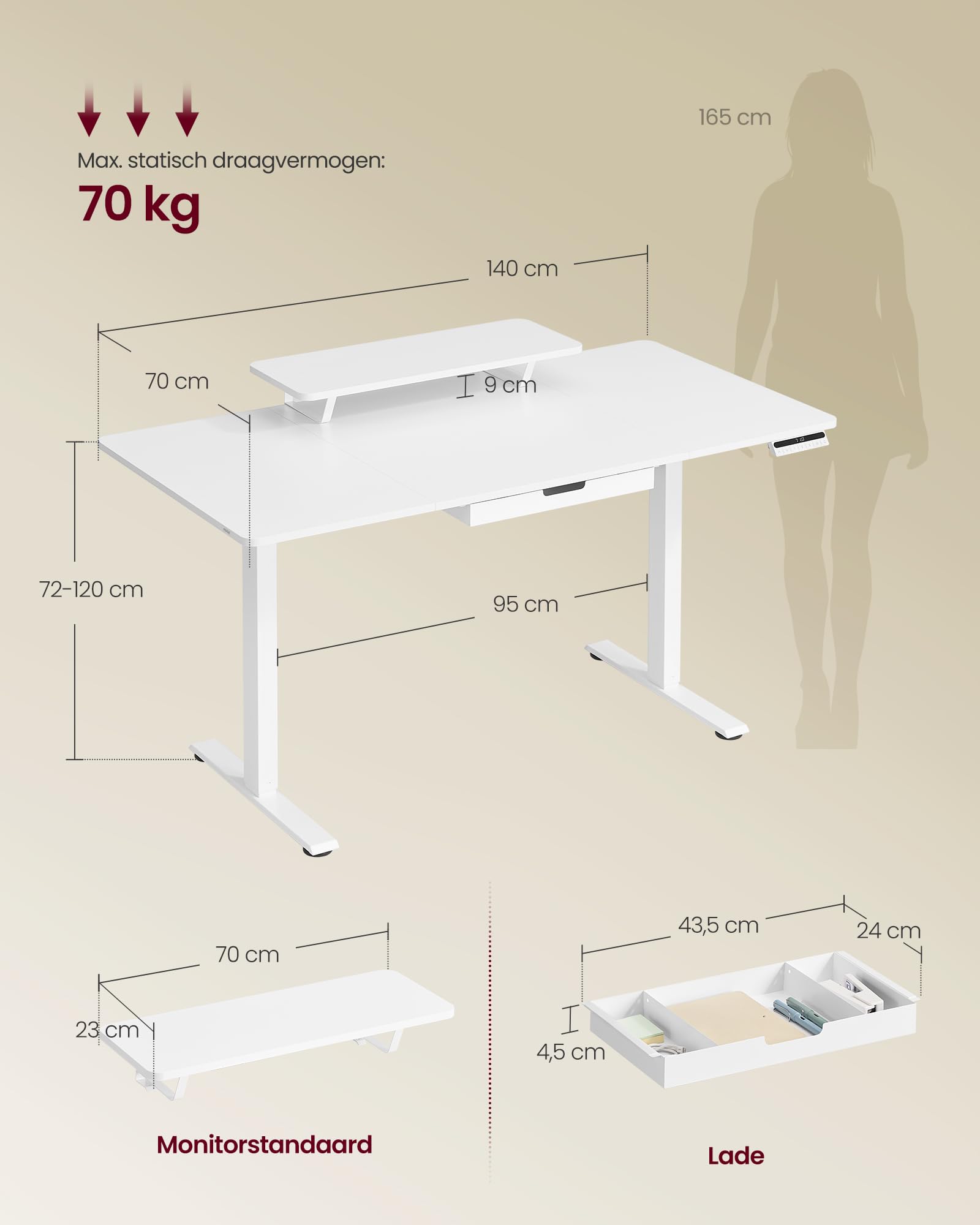 VASAGLE In hoogte verstelbaar bureau, 140 x 70 cm, flexibel monteerbare monitorstandaard, lade, USB-C-aansluiting, herinnering bij lang zitten, voor kantoor, vintage bruin LSD154KD01