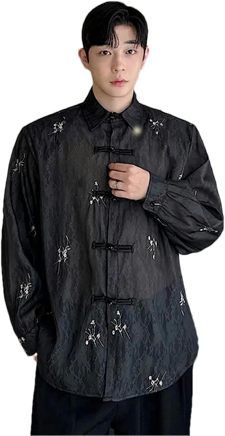 Chinese Style Thin Men's Shirts Summer Stand Collar Long Sleeve Single Breasted Embrodery Tops