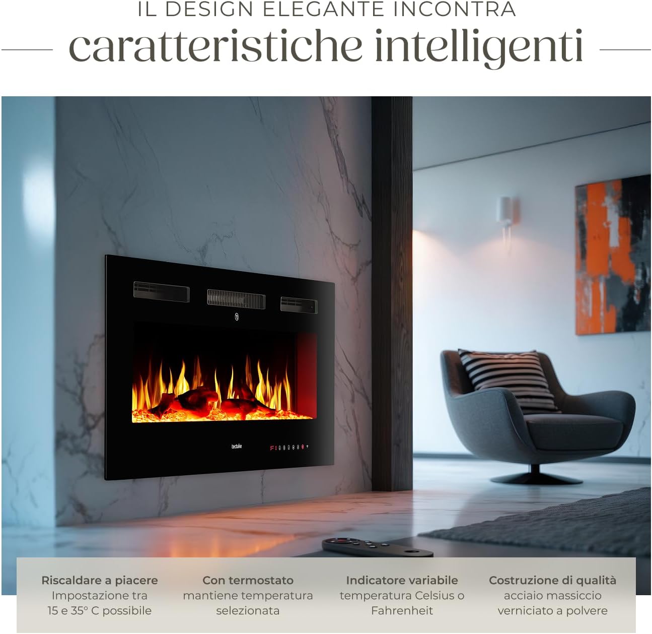 Electric fireplace mounted on a wall, showing the side profile and air vents