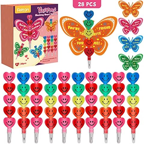 Feltom 28 Pack Valentines Day Gift Cards for Kids with Stacking Heart Pencils, Valentines Day Gifts for Kids Boys Girls, Valentine School Classroom Party Favor Exchange Prizes Toys Set Cover