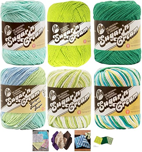 Variety Assortment Lily Sugar'n Cream Yarn 100 Percent Cotton Solids and Ombres (6-Pack) Medium Number 4 Worsted Bundle with 4 Patterns (Asst 40)
