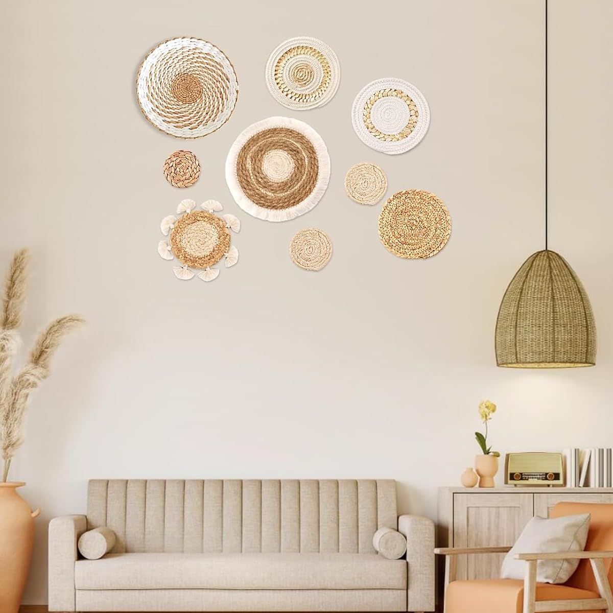 Hoite Juego de 9 cestas de pared bohemias con ratán marino, decoración bohemia, arte de pared redondo para sala de estar, dormitorio y comedor.