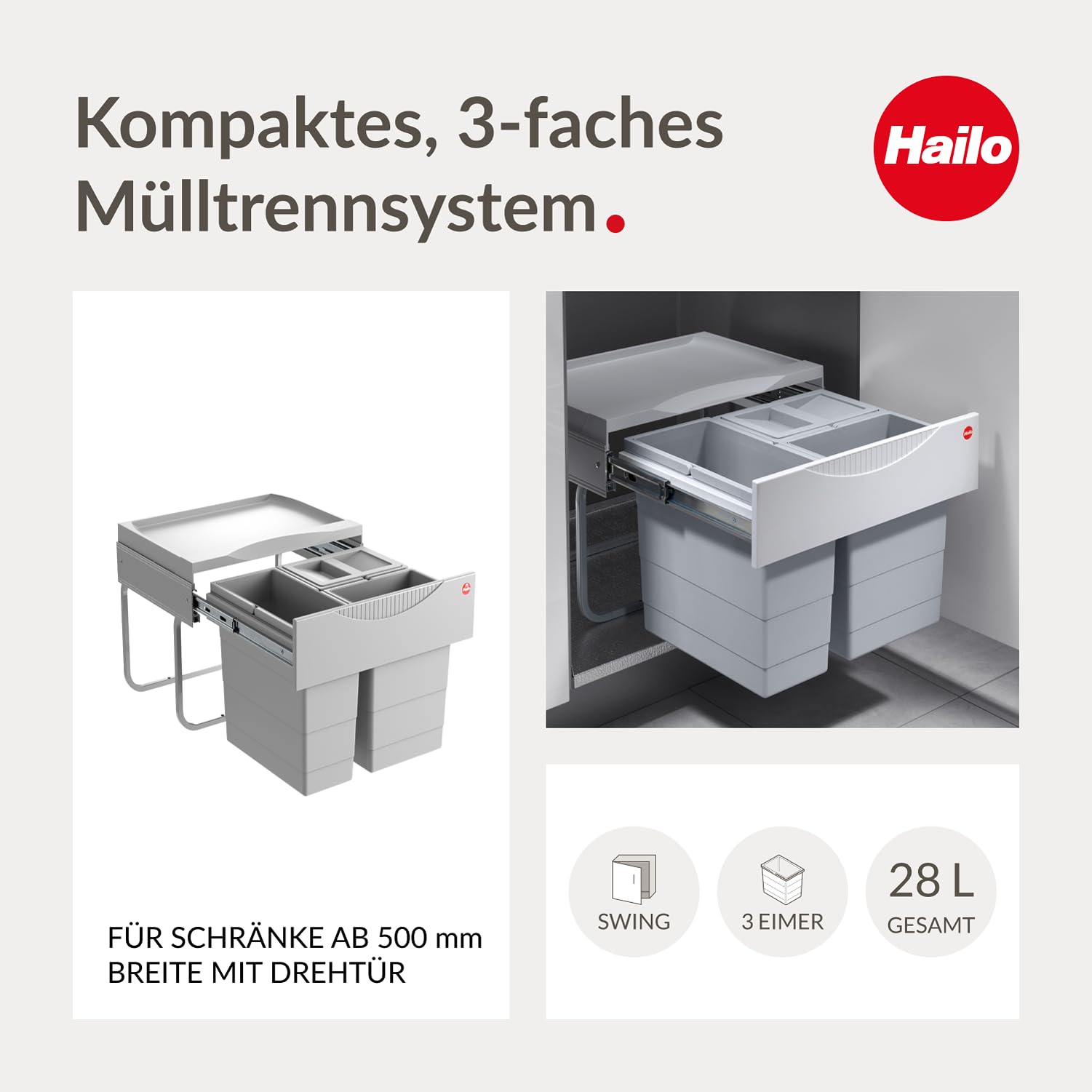 Hailo Raumspar Tandem Einbau-Mülltrenner 3 Fächer 12 L 2x 8 L Vollauszug Hellgrau