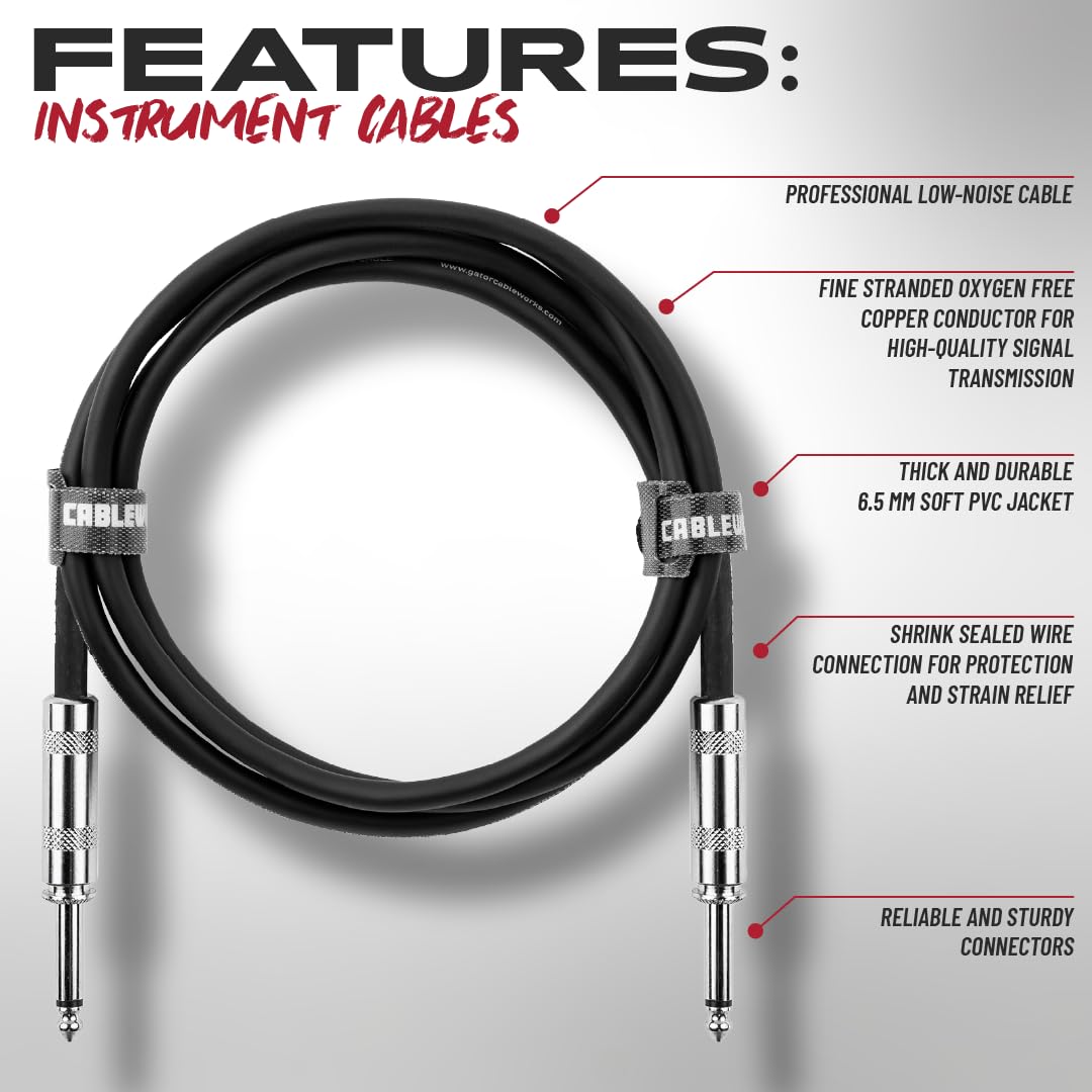 Cableworks By Gator Cases (GCWB-INS-10) - Paquete de 2 cables de instrumento estándar de 10 pies rectos a rectos de la serie Backline