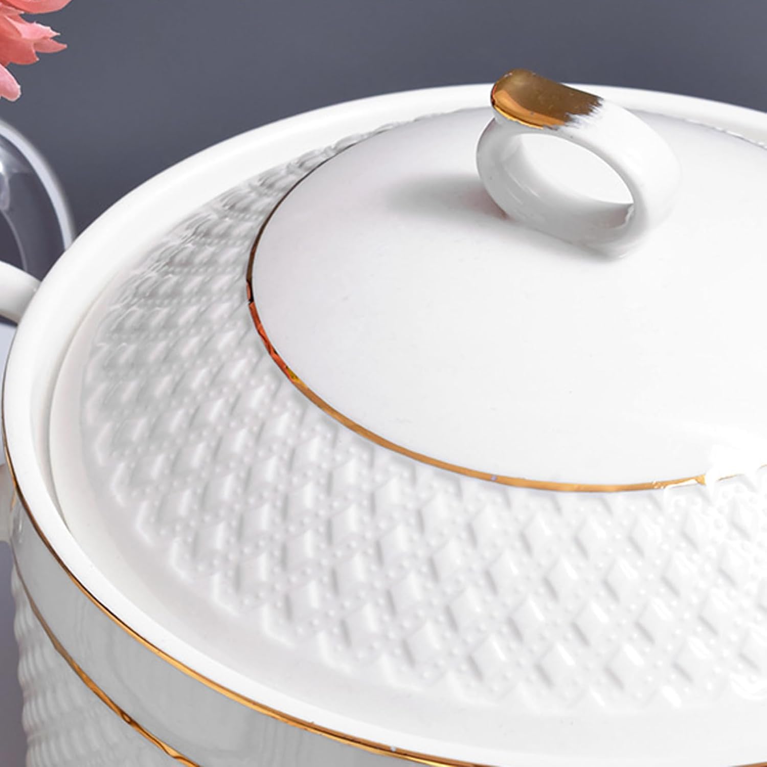 Sopera De CeráMica con Tapa,Cuenco Grande Borde Dorado,Elegante Asas Dobles De Porcelana,para Restaurante,Hogar Y Cocina(with Gold Rim)