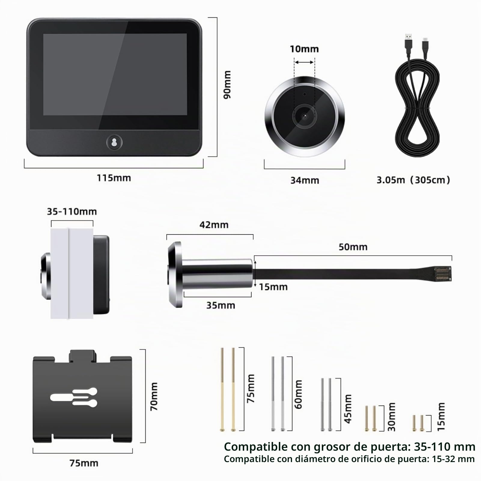 Visor de Puerta, Cámara de Mirilla de Puerta HD 1080P con Pantalla de 4,3 Pulgadas, Cámara IP con Orificio para Ojo de Puerta WiFi de 3MP, Cámara de Seguridad con Visor de Ojo de