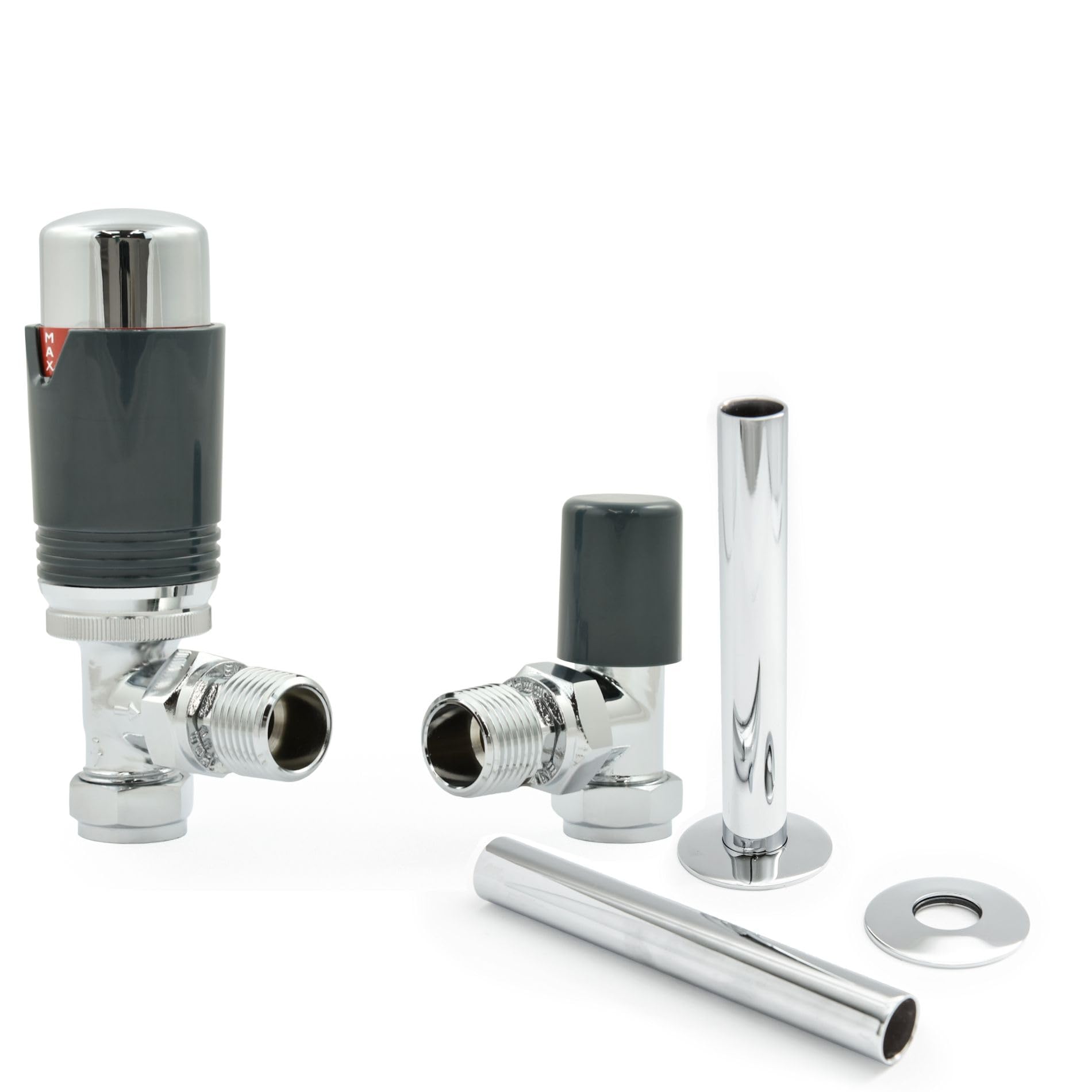 Hot Flow Chrome & Anthracite Estuary Angled TRV Thermostatic Radiator Valve (Pair) Includes Angled TRV Body, Wheel Head, Lock Shield & Pipe Sleeve for Quick & Easy Temperature Control.